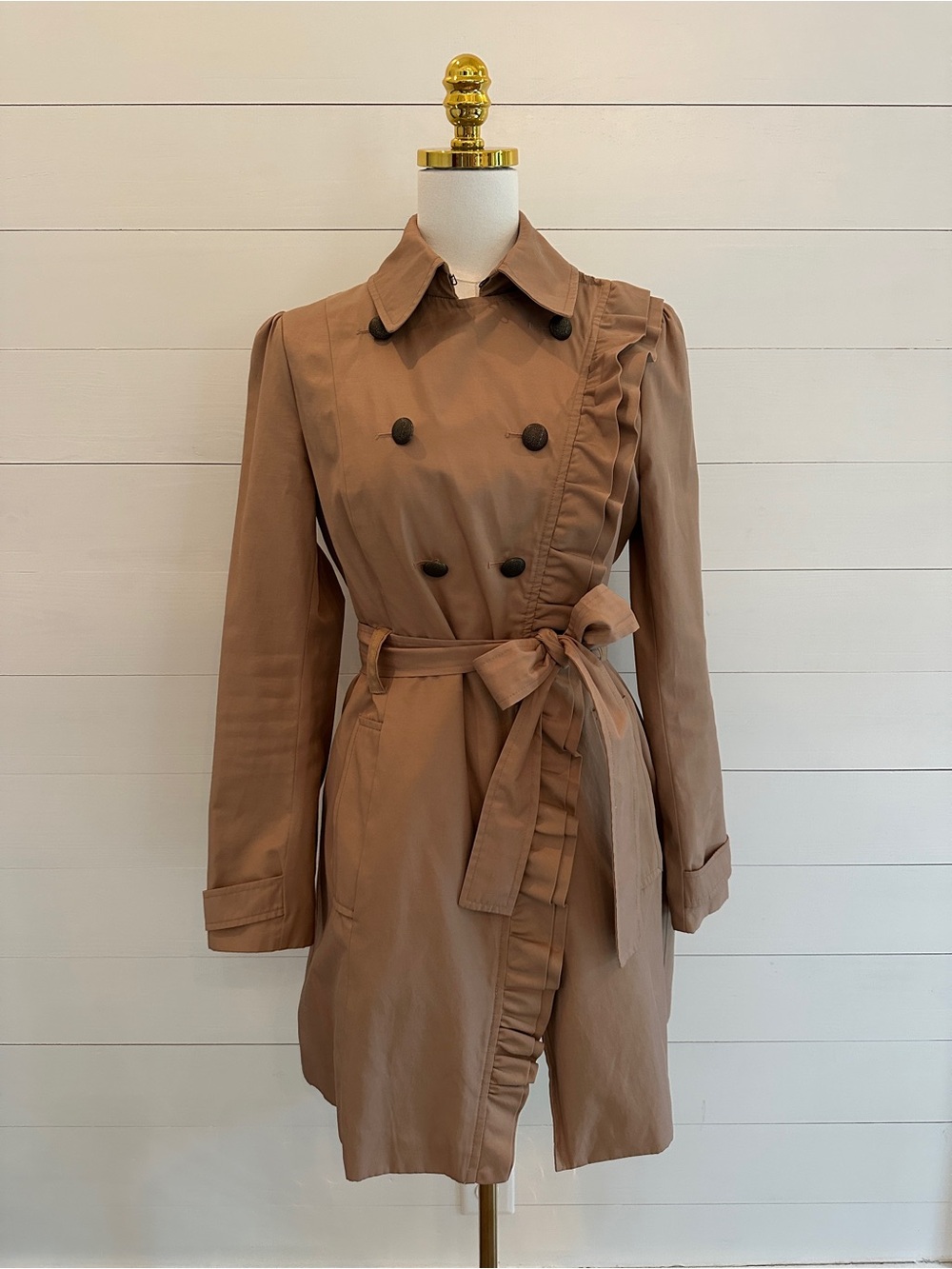Elevenses Women’s Double-Breasted Ruffle Trench Coat - Tan